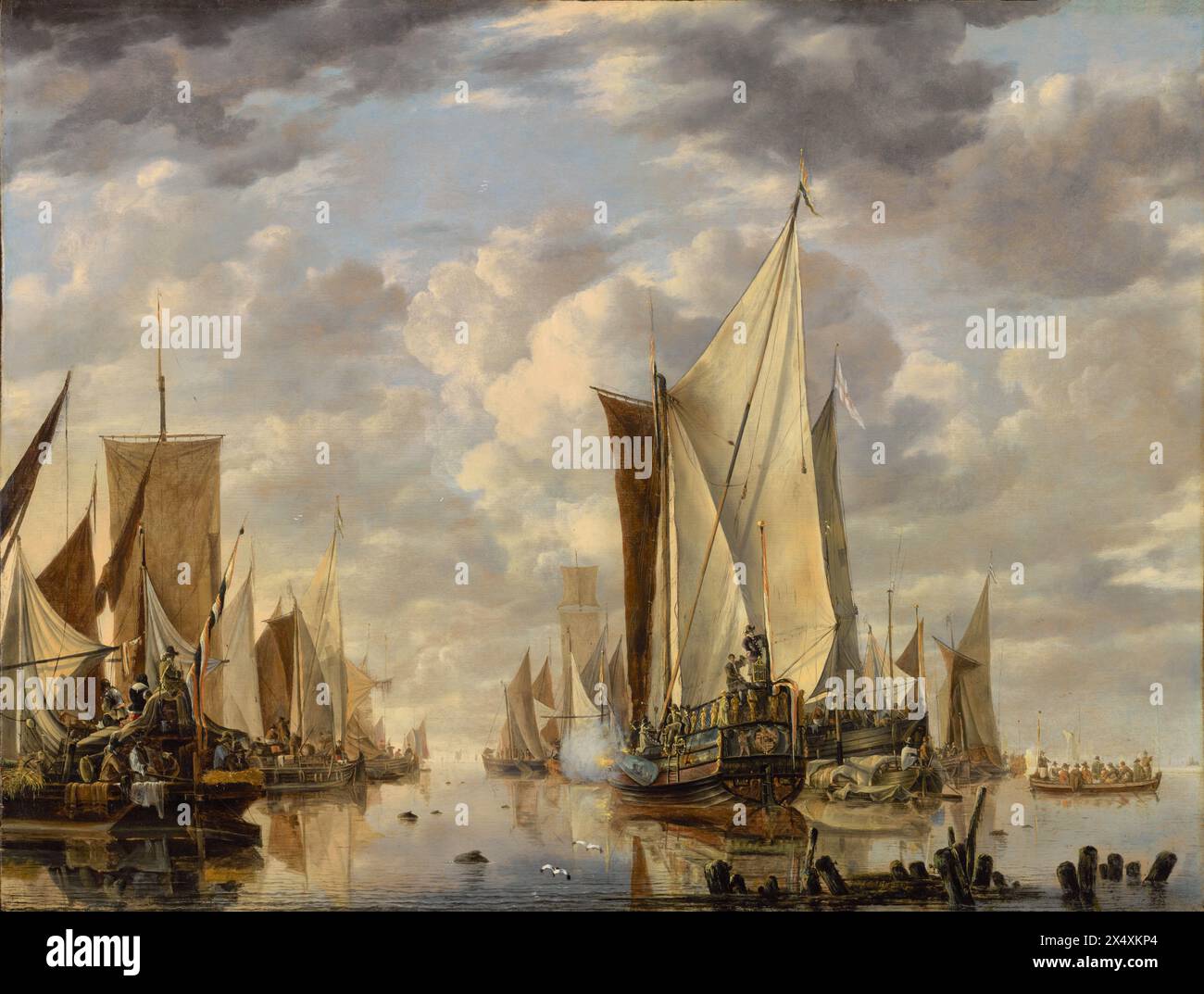 Gemälde des Schiffes in einer Ruhe bei Flushing mit einer Generalyacht des Staates, die einen Salut vom niederländischen Maler Jan van de Cappelle feuert Öl auf Eichenplatte Kunstwerk Meisterwerk Stockfoto