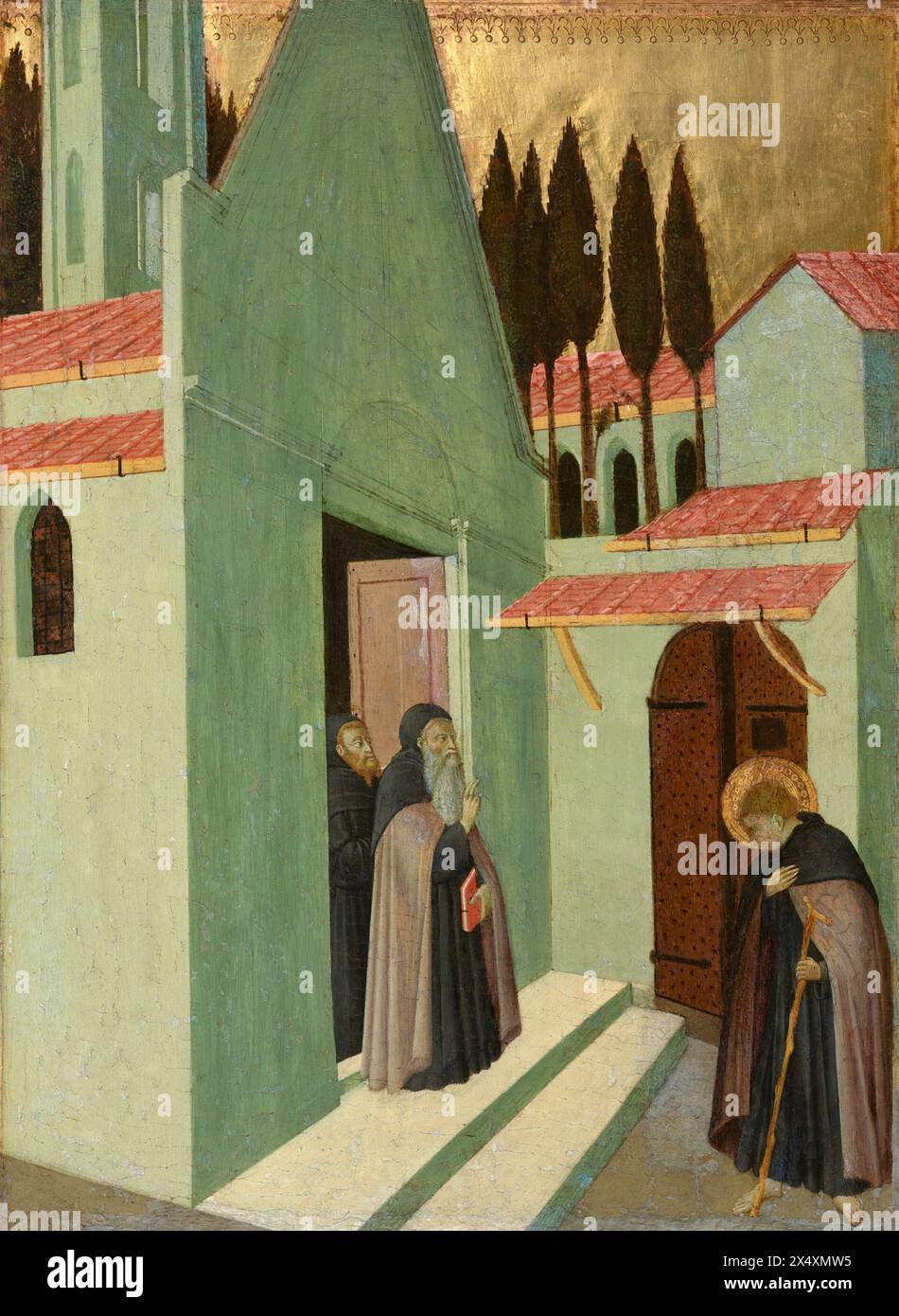 Gemälde des heiligen Antonius, der sein Kloster verlässt, gemalt vom italienischen Maler Sano di Pietro Kunstwerk Meisterwerk historische klassische Kultur religiöse Malerei Stockfoto