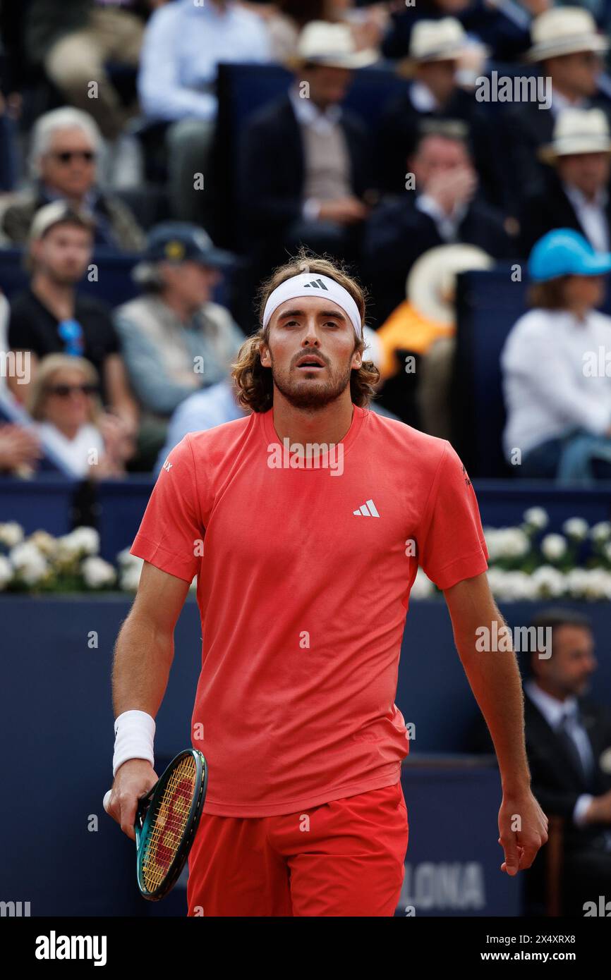 Barcelona, Spanien. April 2024. Tsitsipas in Aktion während des Barcelona Open Banc de Sabadell Tennis Turniers im Reial Club de Tennis Barcelo Stockfoto