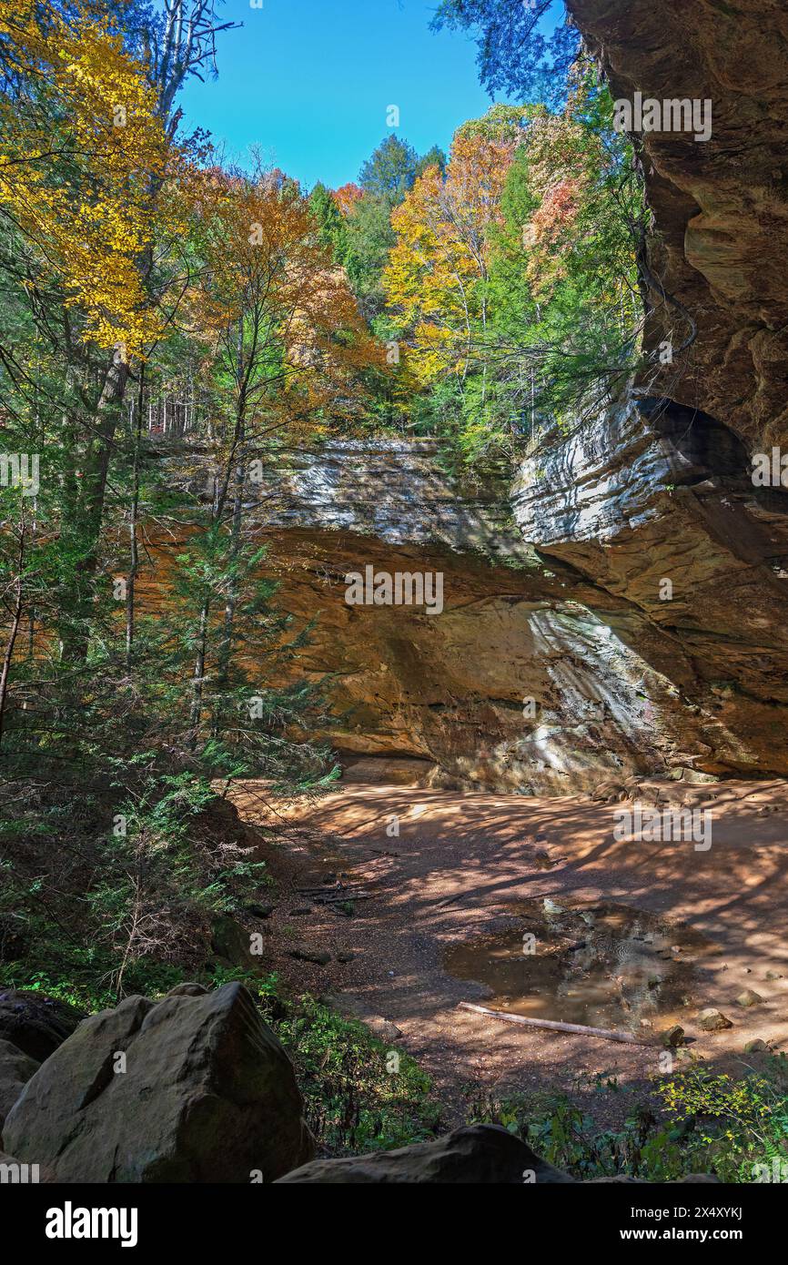 Herbstfarben über einem Seclude Limestone Canyon am Ash Canyon im Hocking Hills State Park in Ohio Stockfoto