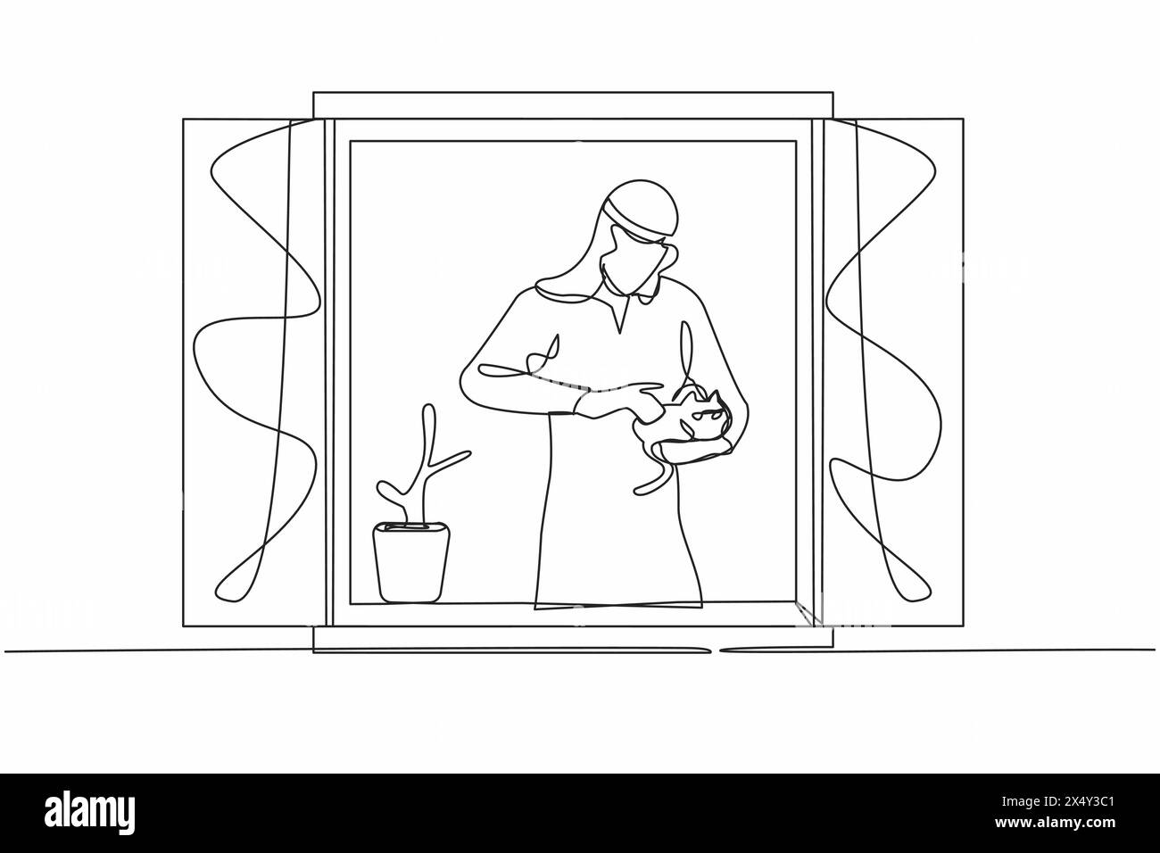 Durchgehende eine Linie, die einen arabischen Mann mit einer Pflanze zeichnet, die Katze hält und durch das Fenster schaut. Bleiben Sie während der Pandemie zu Hause. Coronavirus-Quarantäne-Isolierung wa Stock Vektor
