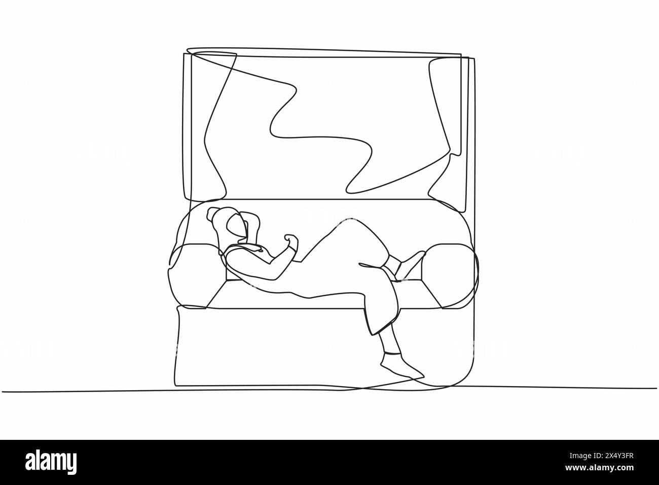 Eine durchgehende Linie, die junge arabische Frau auf dem Sofa in der Nähe der Fensterbank zeigt. Frau ruht in einem Zimmer in der Nähe des Fensters. Zeit zu Hause zu verbringen, achtern zu entspannen Stock Vektor
