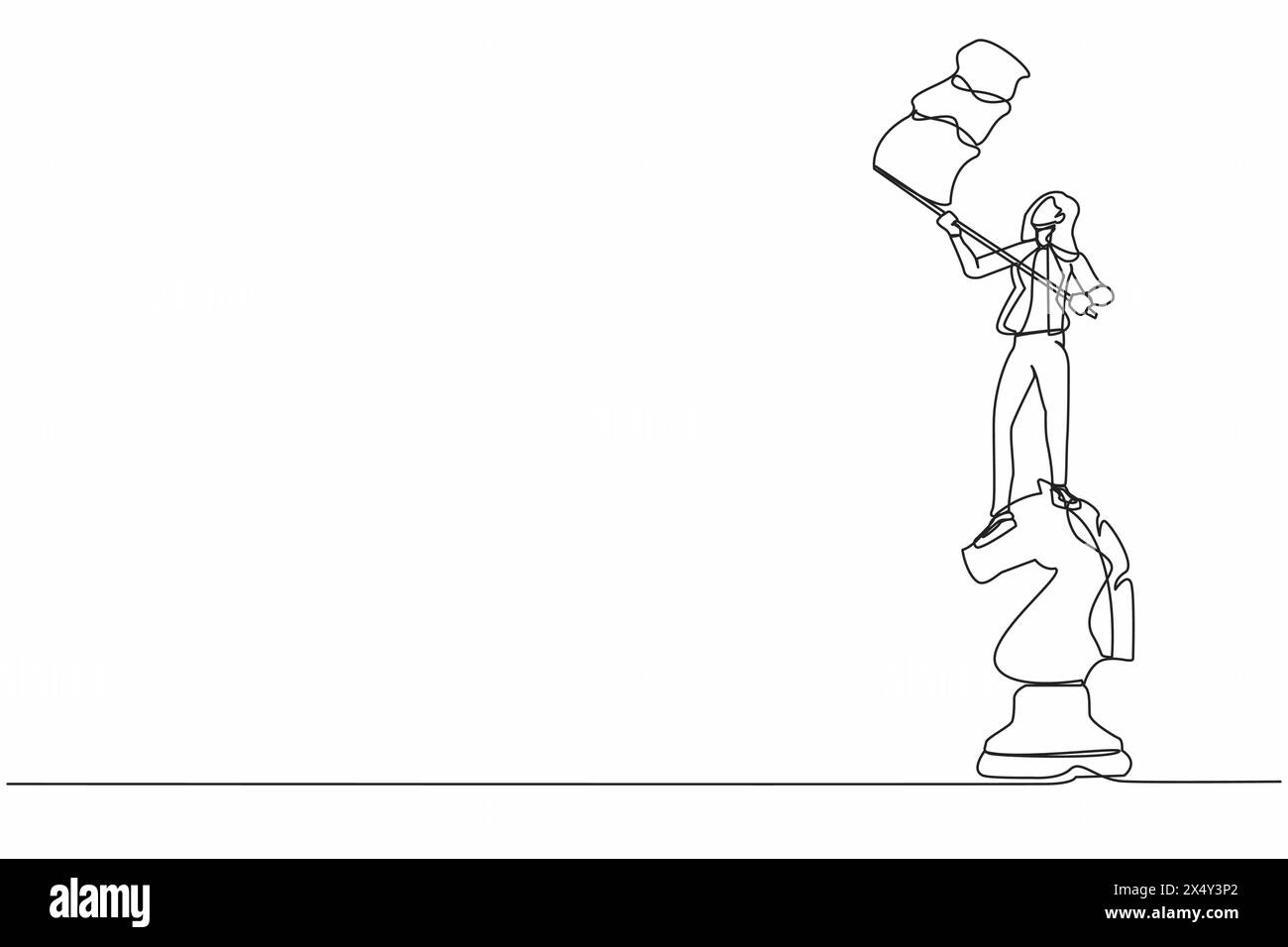Eine einzige Linie zeichnet Geschäftsfrau, die auf einem großen Pferdeschach steht und eine Fahne schwenkt. Besiege Wettbewerber im Geschäft als Siegerspiel Stock Vektor