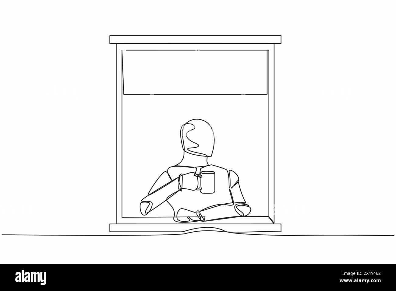 Ein Roboter mit durchgehender Linienzeichnung Genießen Sie heißen Kaffee oder Tee im Fensterhaus, halten Sie den Becher und schauen durch das Fenster. Zukunftstechnologie. Künstliche intel Stock Vektor