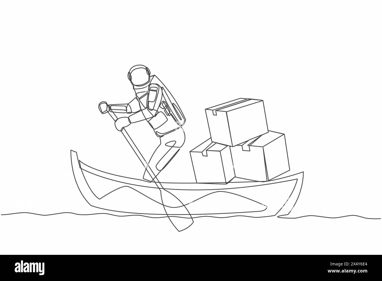 Durchgehende eine Linie, die Astronaut zieht, der mit einem Stapel Pappe auf dem Boot wegsegelt. Lieferung von Paketen zwischen Planeten im Weltraum. Cosmonaut äusserer Spac Stock Vektor