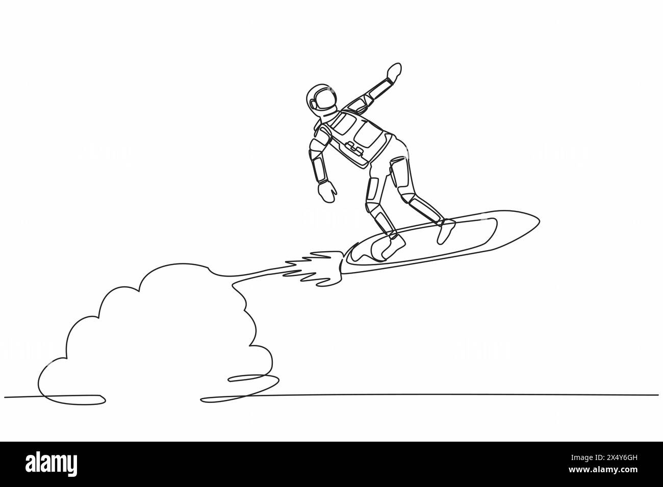 Durchgehende einzeilige Zeichnung Astronaut reitet Surfbrettrakete fliegt in der Mondoberfläche. Erforschung zwischen Planeten im weiten Raum. Kosmonaut raus Stock Vektor