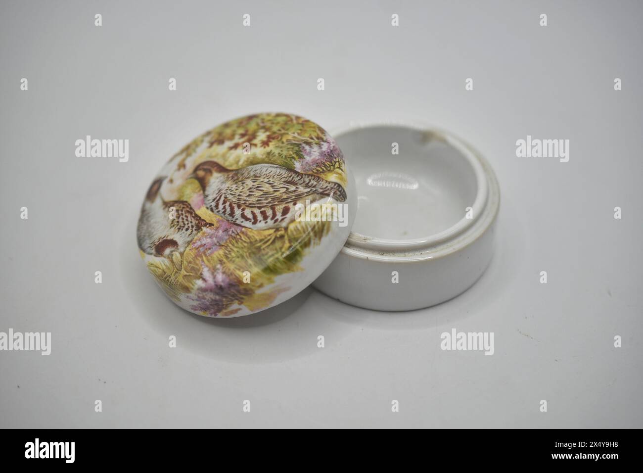 Kleiner Porzellantopf mit Deckel und Fasanmalerei Stockfoto