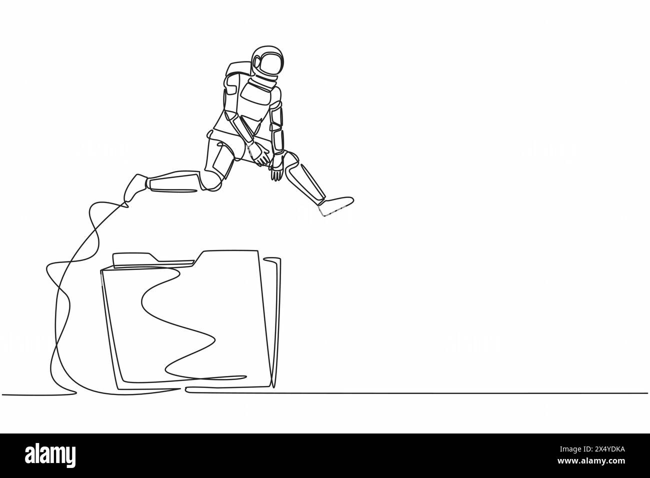 Eine einzelne einzeilige Zeichnung Astronaut springt über Ordnersymbol. Benutzerdatenarchiv in Raumfahrtunternehmen. Papierdokument in Büropapier. Kosmisches Galaxienraumkonzept. Co Stock Vektor