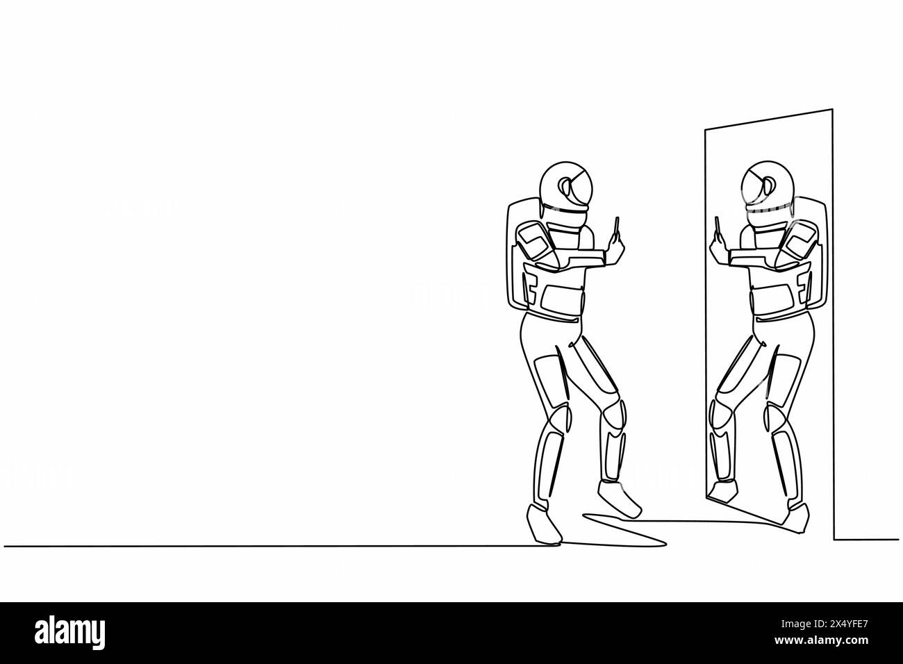 Ein durchgehender Astronaut im Raumanzug, der vor dem Spiegel Selfie macht. Sucht auf Smartphone und Internetsatelliten. Kosmonaut tief Stock Vektor