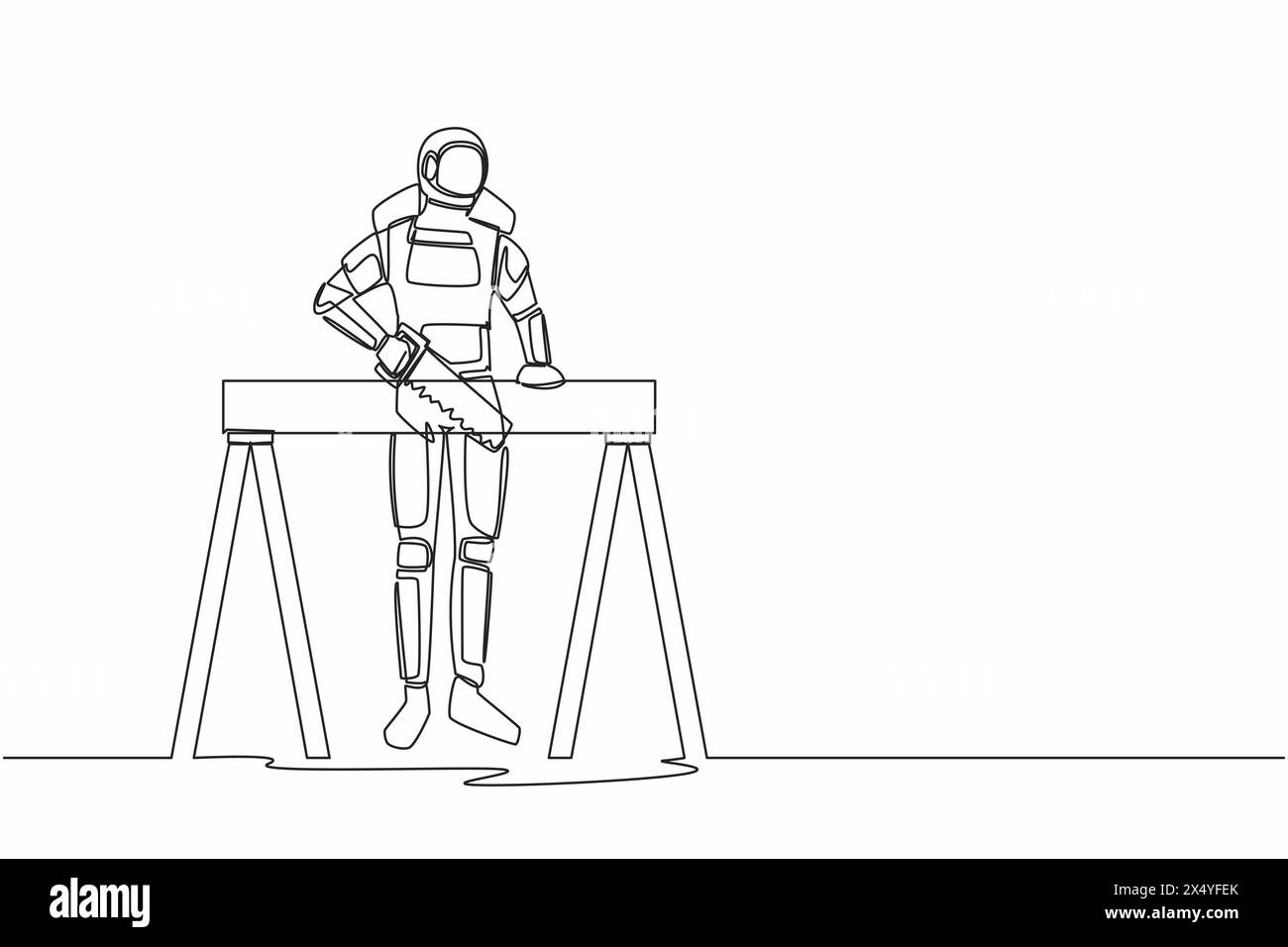 Durchgehende einzeilige Zeichnung Astronautenbauer oder Zimmermann, der Holzbretter sägt. Fähigkeit des Raumfahrers, das Betriebssystem zu reparieren. Kosmonaut-Weltraum. S Stock Vektor