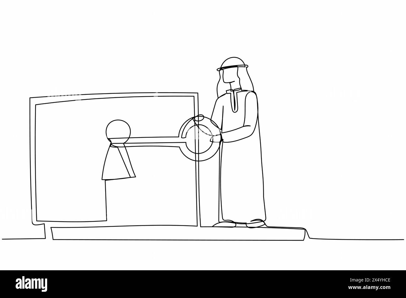 Eine Zeile zeichnet einen arabischen Geschäftsmann, der den Schlüssel in den Laptop steckt. Schutz und Sicherheitsanmeldung. Internetverschlüsselung, Zugriff auf verschlüsselte Daten. Konti Stock Vektor