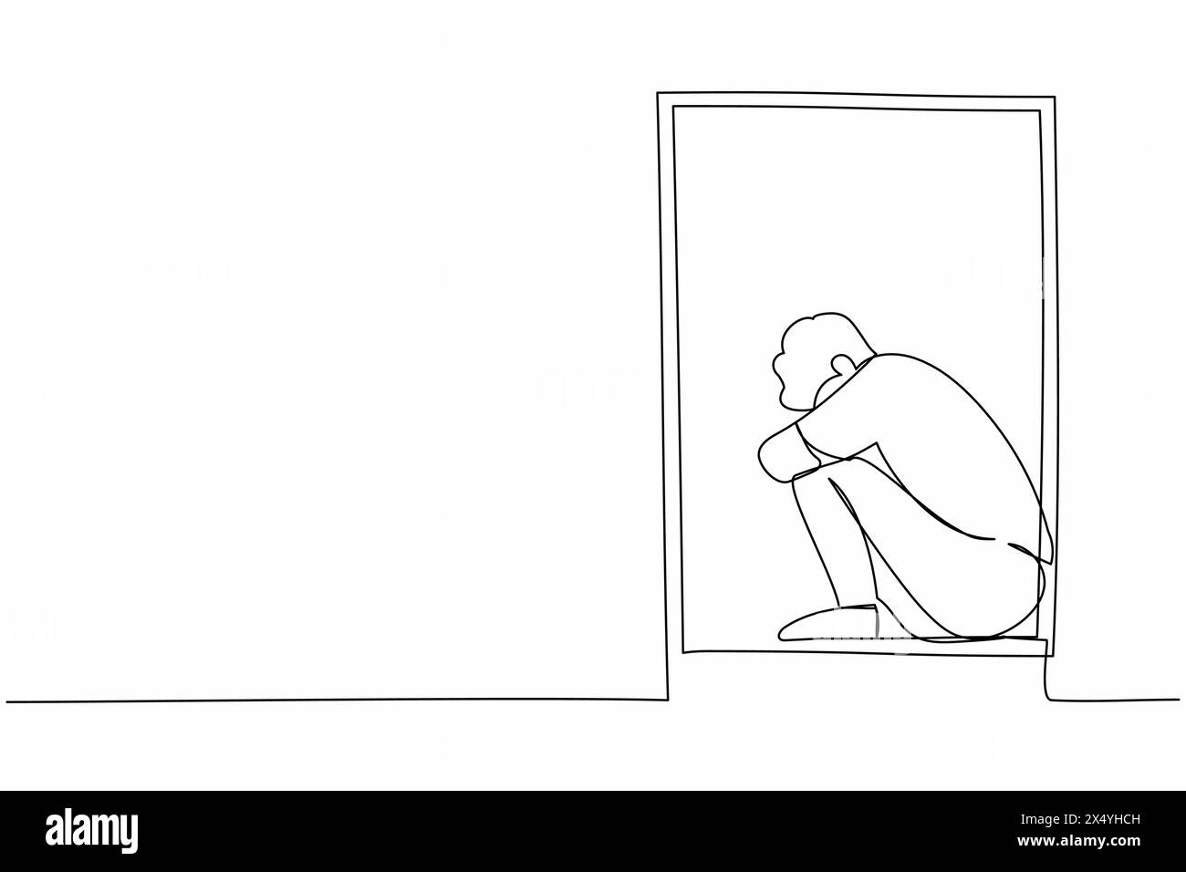Durchgehende Linie gedrungen verzweifelt Mann sitzt auf der Fensterbank. Depression, Stress, Melancholie, Verzweiflung, Frustration, Lebensprobleme. Singen Stock Vektor