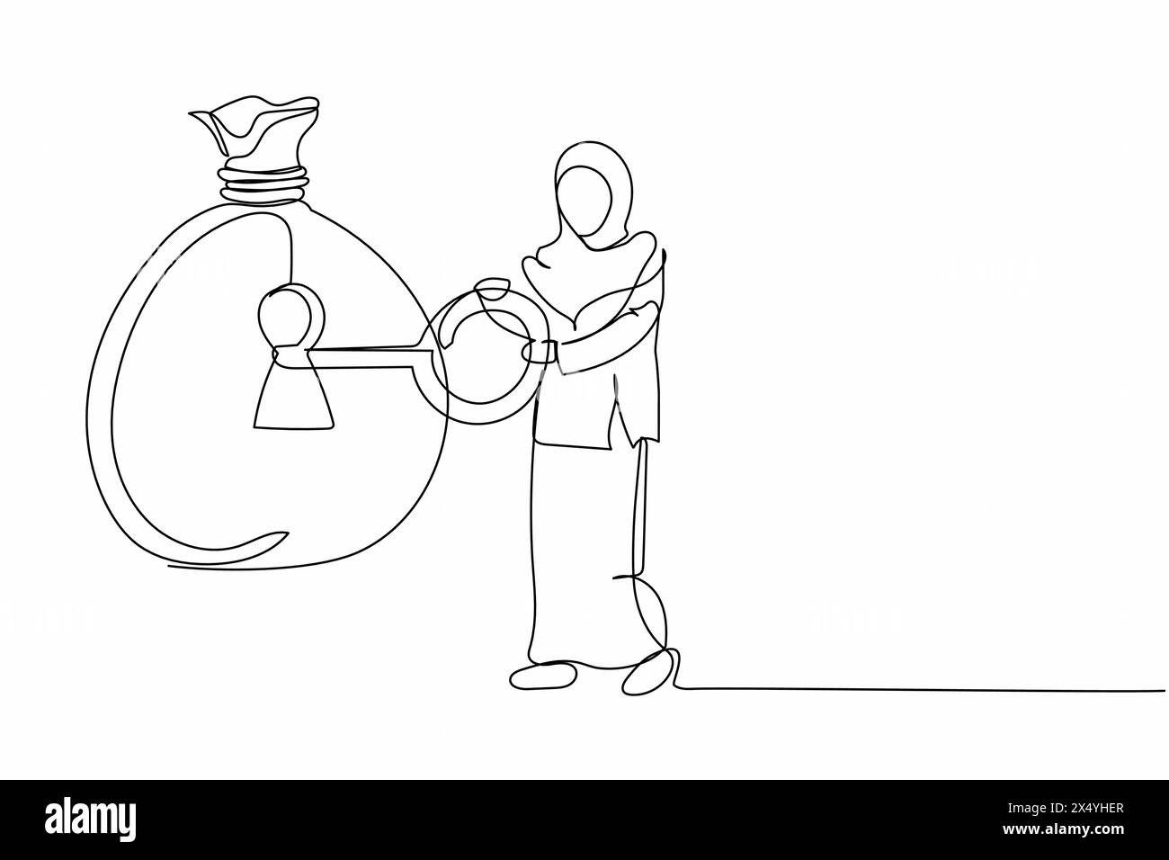 Durchgehend eine Linie zeichnende arabische Geschäftsfrau steckt Schlüssel in Geldbeutel. Erschließen Sie Geschäftsreichtum. Sicherer Hafen für Investmentmanager, um Geld zu verwalten. S Stock Vektor