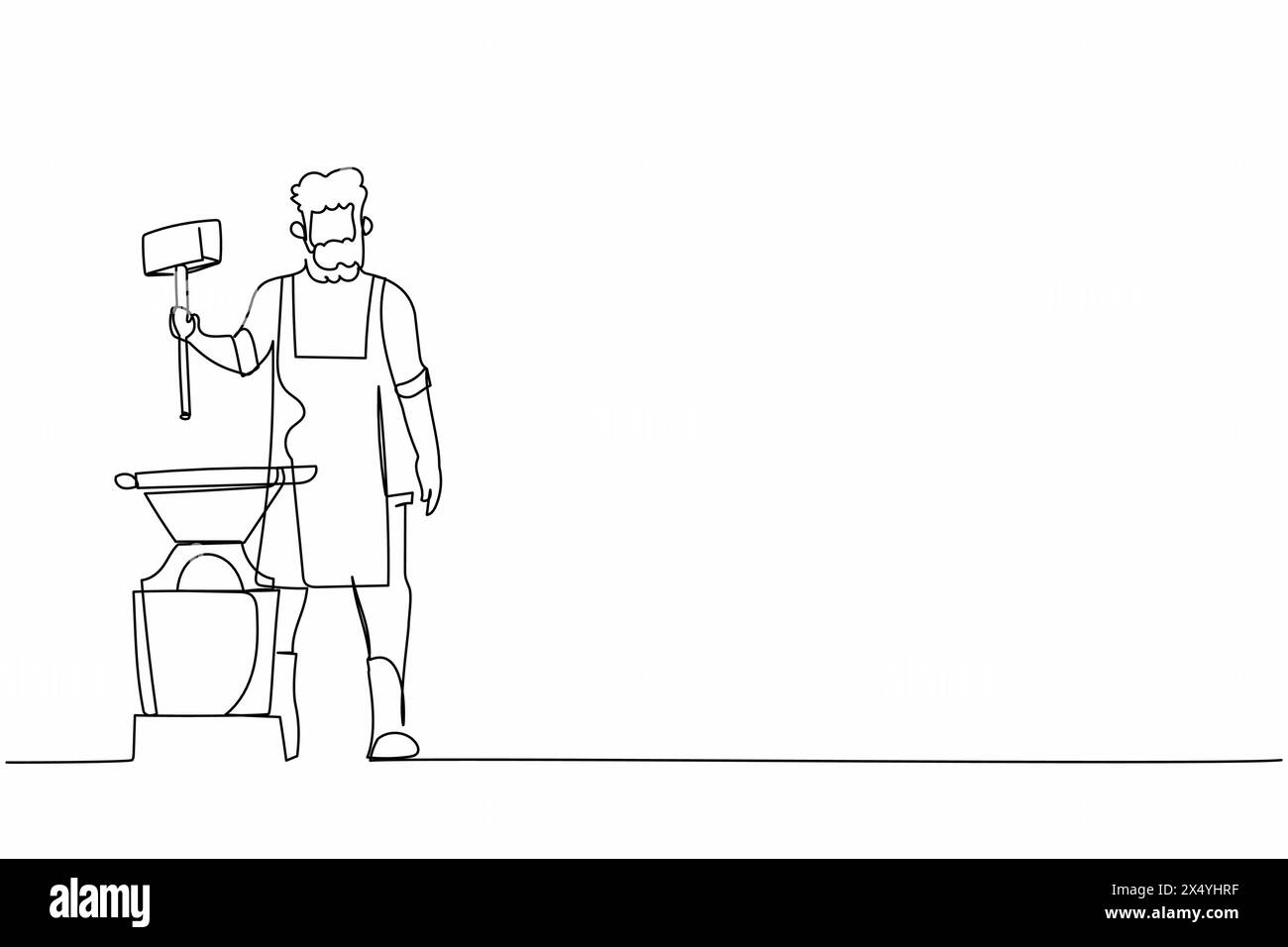 Eine durchgehende Linie zeichnet bärtiger Schmied mit Schürze, der vor dem Amboss steht und den Hammer hält. Handwerker, der bei der Arbeit mit Eisen arbeitet Stock Vektor