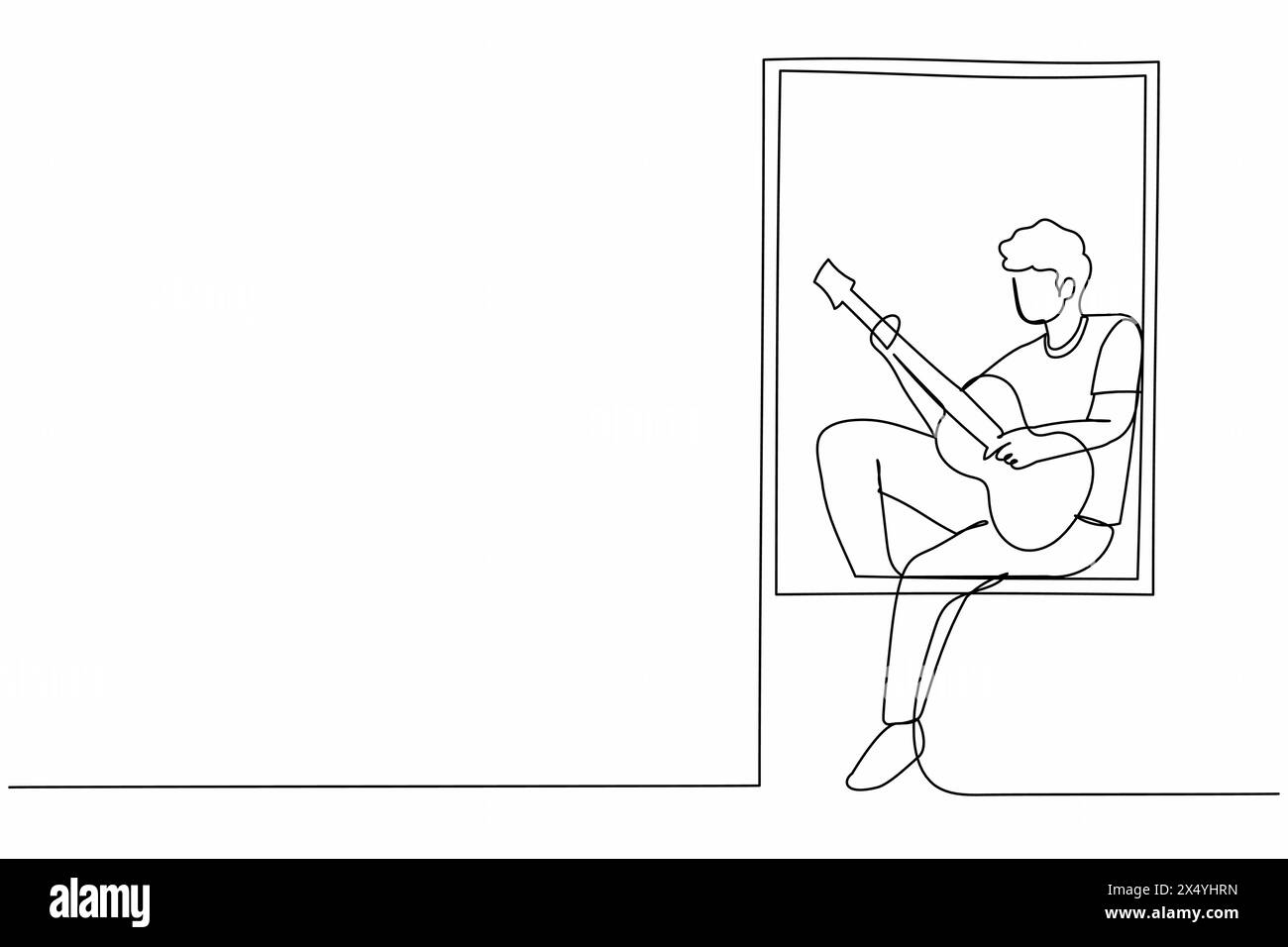 Der junge Mann sitzt auf der Fensterbank, spielt Gitarre und singt ein Lied. Ruhe, zu Hause bleiben, menschliches Leben, Entspannung, Komfort, romantisch. Stock Vektor