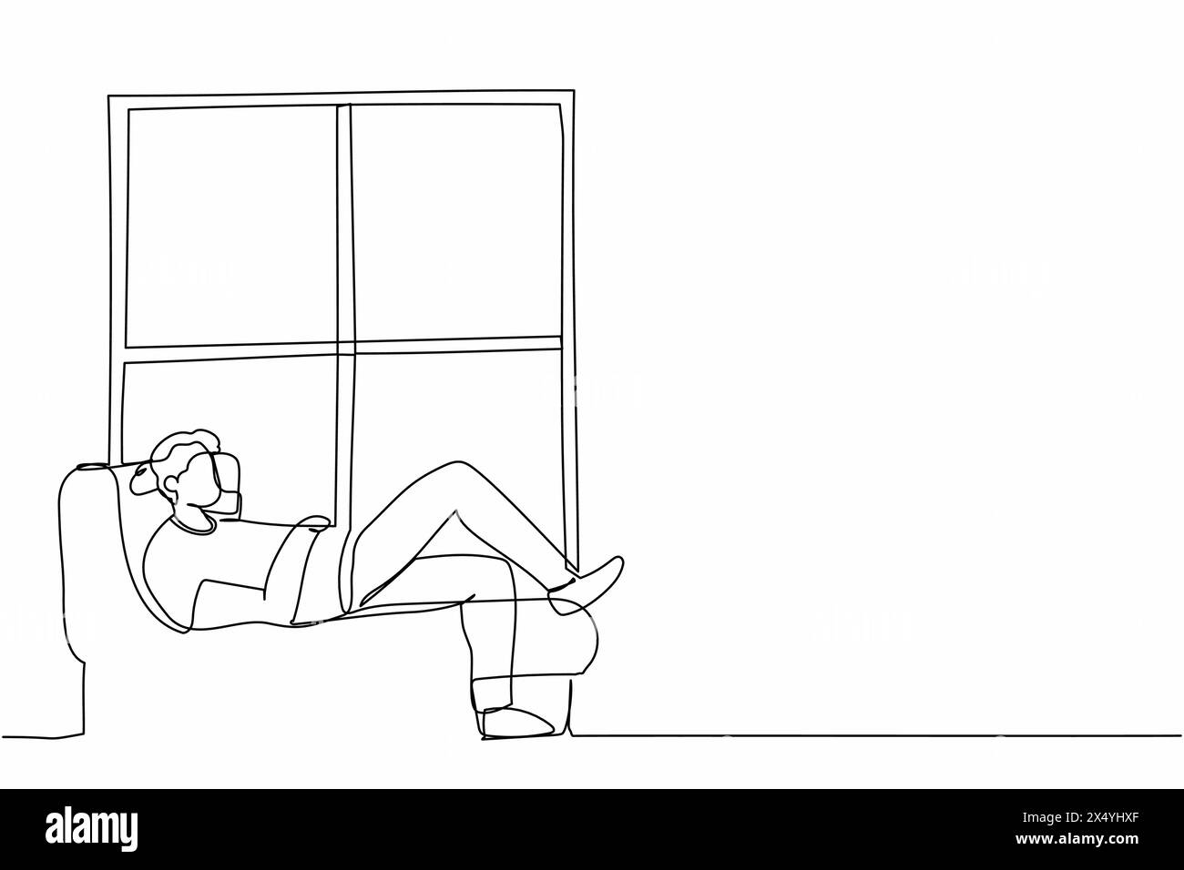 Eine einzige Linie zeichnet einen jungen Mann, der zu Hause auf der Fensterbank liegt. Ein Mann ruht im Zimmer neben dem Fenster. Zeit zu Hause verbringen, nach der Arbeit entspannen, lesen. Stock Vektor
