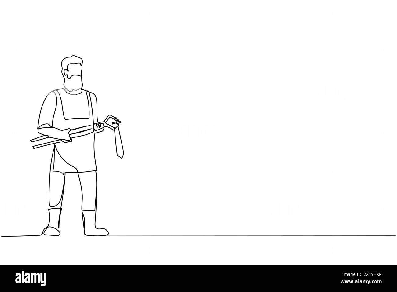 Eine einzelne einzeilige Zeichnung bärtiger Schmied mit Schürze stehend mit heißem Messer geschmiedet mit Zange und Zange. Handwerker, die Schwerter und Schilde herstellen. Stock Vektor