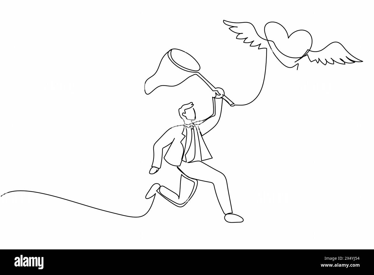 Ein einziger Zeichnungs-Geschäftsmann versucht, fliegende Herzen mit Schmetterlingsnetz zu fangen. Liebe, Ehe, Hochzeit, Romantik, Beziehungskonzept. Moderne Co Stock Vektor