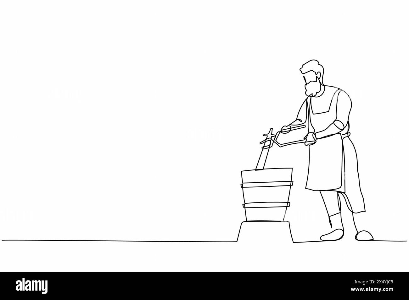 Durchgehende einzeilige Zeichnung bärtiger Schmiedemeister, der heißes Metallmaterial aus dem Ofen in kaltes Wasser bringt. Amboss-Arbeiter aus Stahlhandwerk. Handwerker in ap Stock Vektor