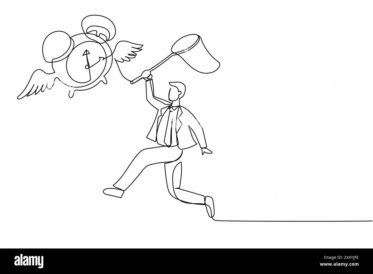 Ein einzeiliger zeichnender Geschäftsmann versucht, fliegenden Wecker mit Schmetterlingsnetz zu fangen. Männlicher Manager, der mit Fristen arbeitet. Die Zeit wird knapp. C Stock Vektor