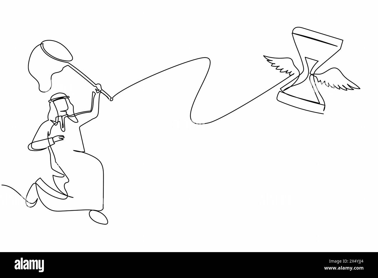 Ein arabischer Geschäftsmann versucht, fliegende Sanduhr mit Schmetterlingsnetz zu fangen. Projektziele konnten nicht abgeschlossen werden. Geschäftsm Stock Vektor