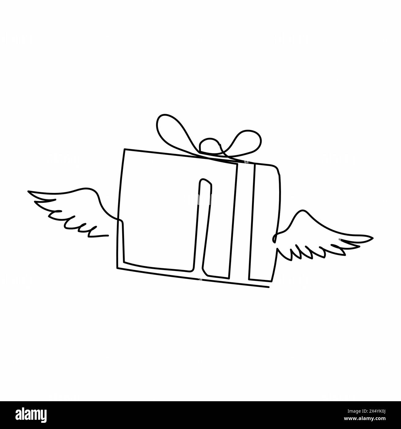 Eine einzeilige, fliegende Geschenkbox mit Flügeln. Geflügelte Überraschungsbox mit roter Schleife und Band. Fliegendes Geschenk. Symbol für das Lieferpaket. Modernes Kontinuum Stock Vektor