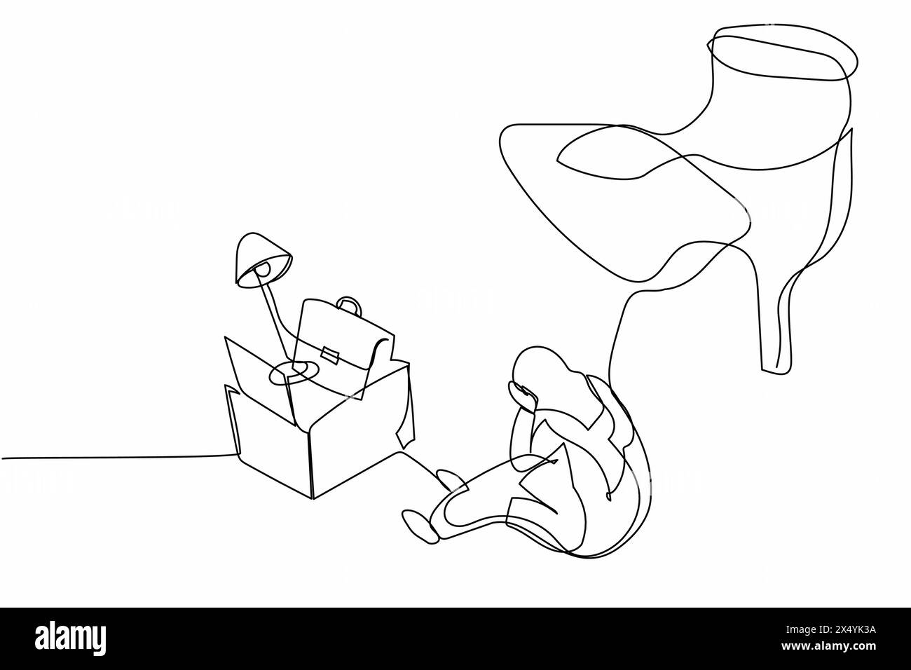 Durchgehende Linie, die junge arabische Geschäftsfrau zieht, die auf dem Boden neben Bürobedarf sitzt, unter großem Fußstamm. Metapher für Arbeitslose, Reduzierung der Arbeitskräfte. S Stock Vektor