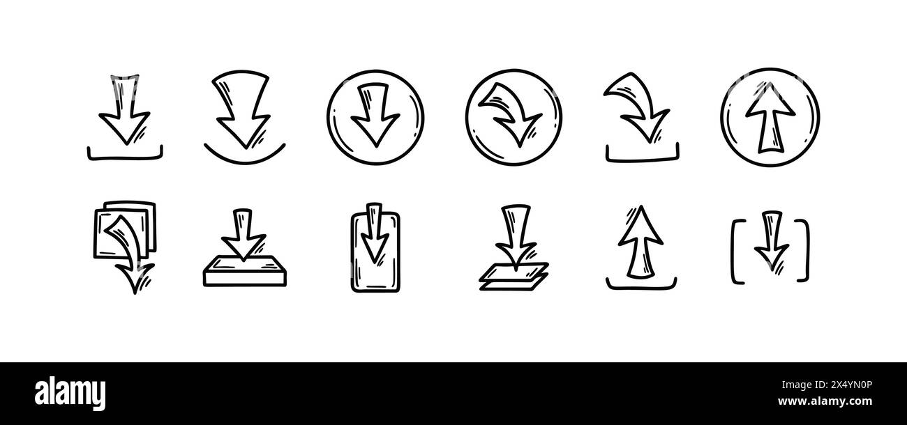 Download und Upload der Datei Doodle-Symbole. Schaltflächen der Benutzeroberfläche für handgezeichnete Skizzen. Cloud Data Server-Technologie. Pfeilsymbol für digitale Speicherung Stock Vektor