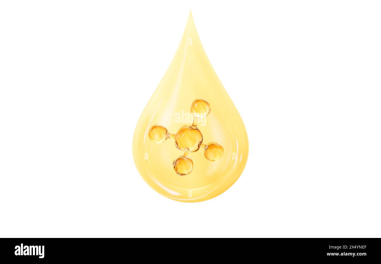 Goldmolekül in transparenten Wassertröpfchen, Hautpflege und biomedizinisches Konzept, 3D-Rendering. 3D-Abbildung. Stockfoto