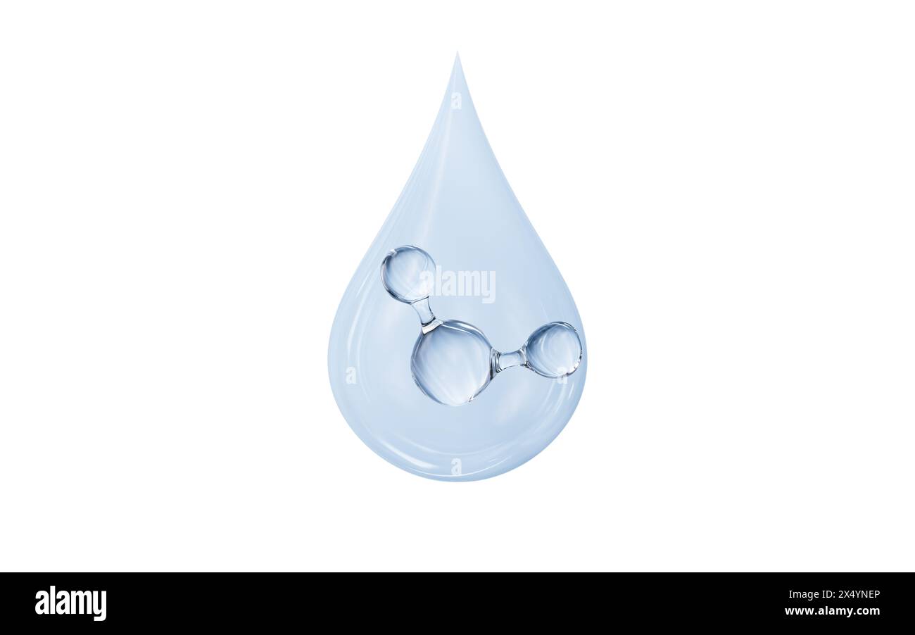 Blaues Molekül in transparenten Wassertröpfchen, Hautpflege und biomedizinisches Konzept, 3D-Rendering. 3D-Abbildung. Stockfoto