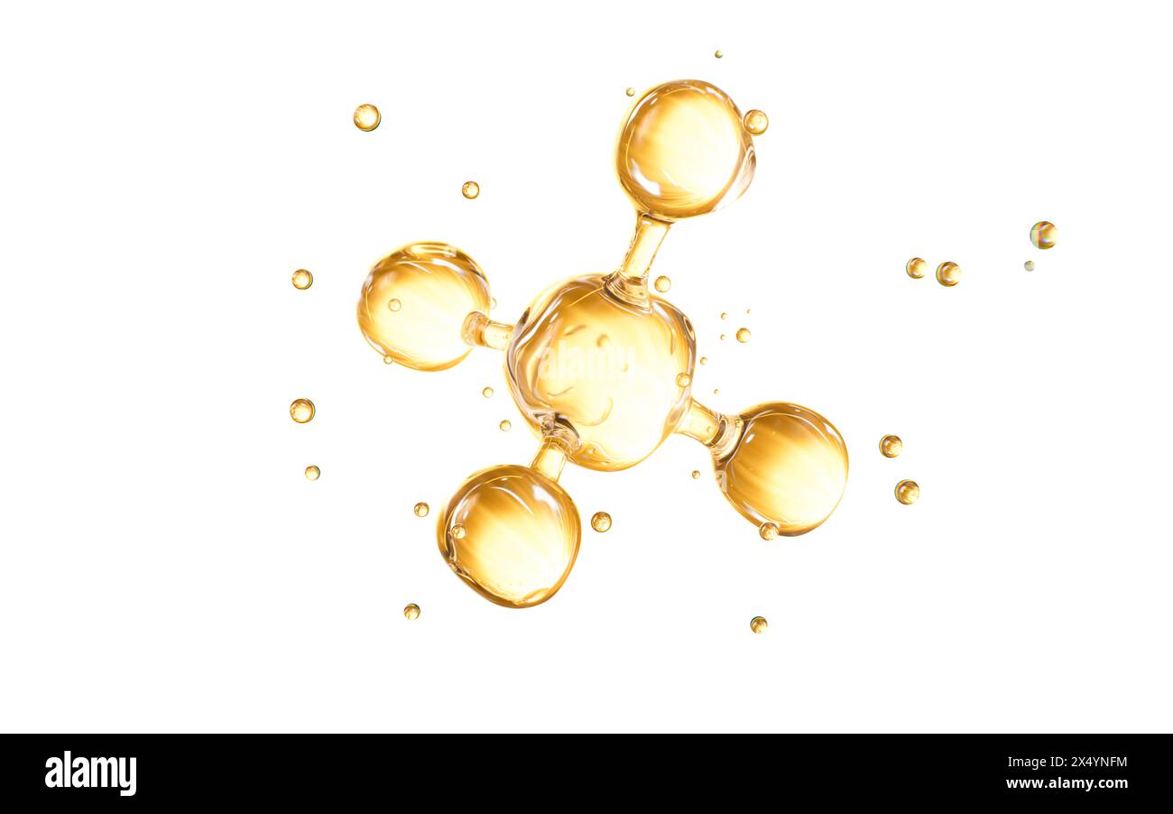 Goldene Molekülstruktur, Hautpflege und biomedizinisches Konzept, 3D-Rendering. 3D-Abbildung. Stockfoto