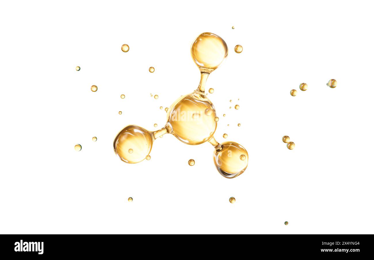 Goldene Molekülstruktur, Hautpflege und biomedizinisches Konzept, 3D-Rendering. 3D-Abbildung. Stockfoto