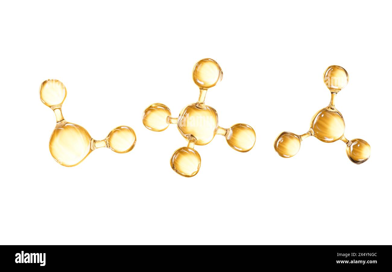 Goldene Molekülstruktur, Hautpflege und biomedizinisches Konzept, 3D-Rendering. 3D-Abbildung. Stockfoto