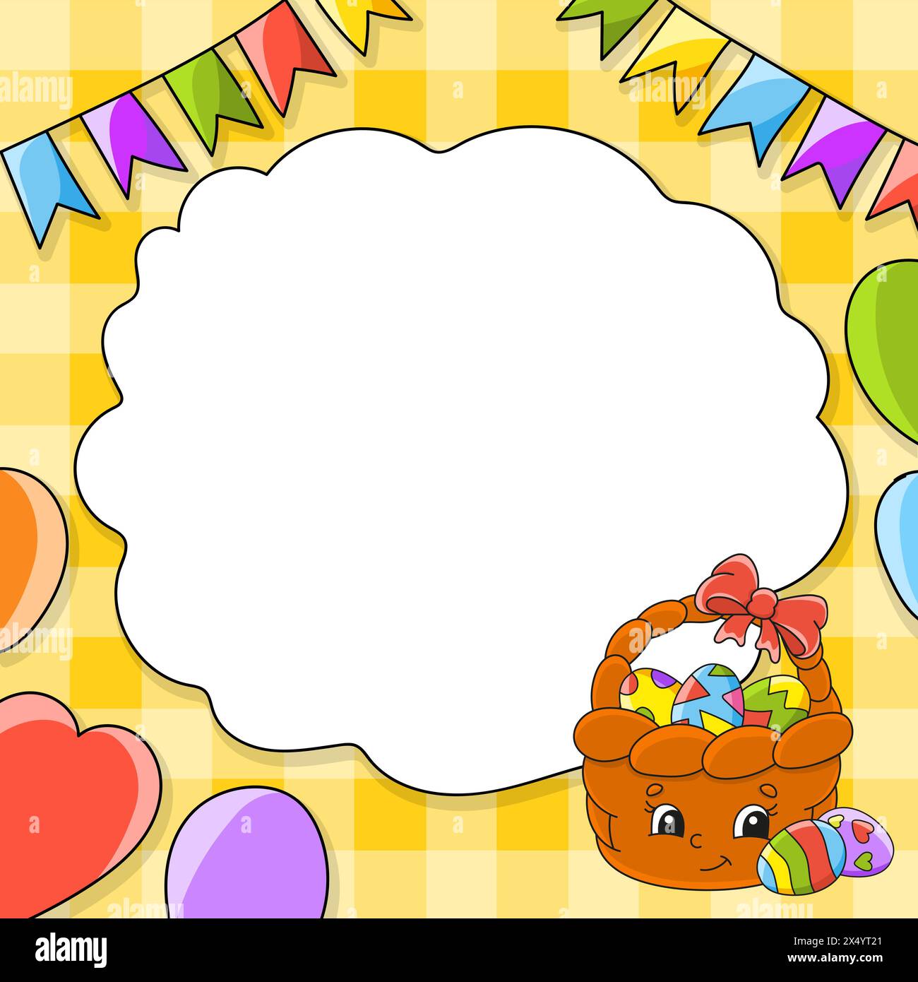 Festliches Bild mit Kopierraum für Text. Zeichentrickfigur, Ballons, Girlanden. Für die Gestaltung von Grußkarten, Geburtstagen, Aufklebern. Vektorillustrat Stock Vektor