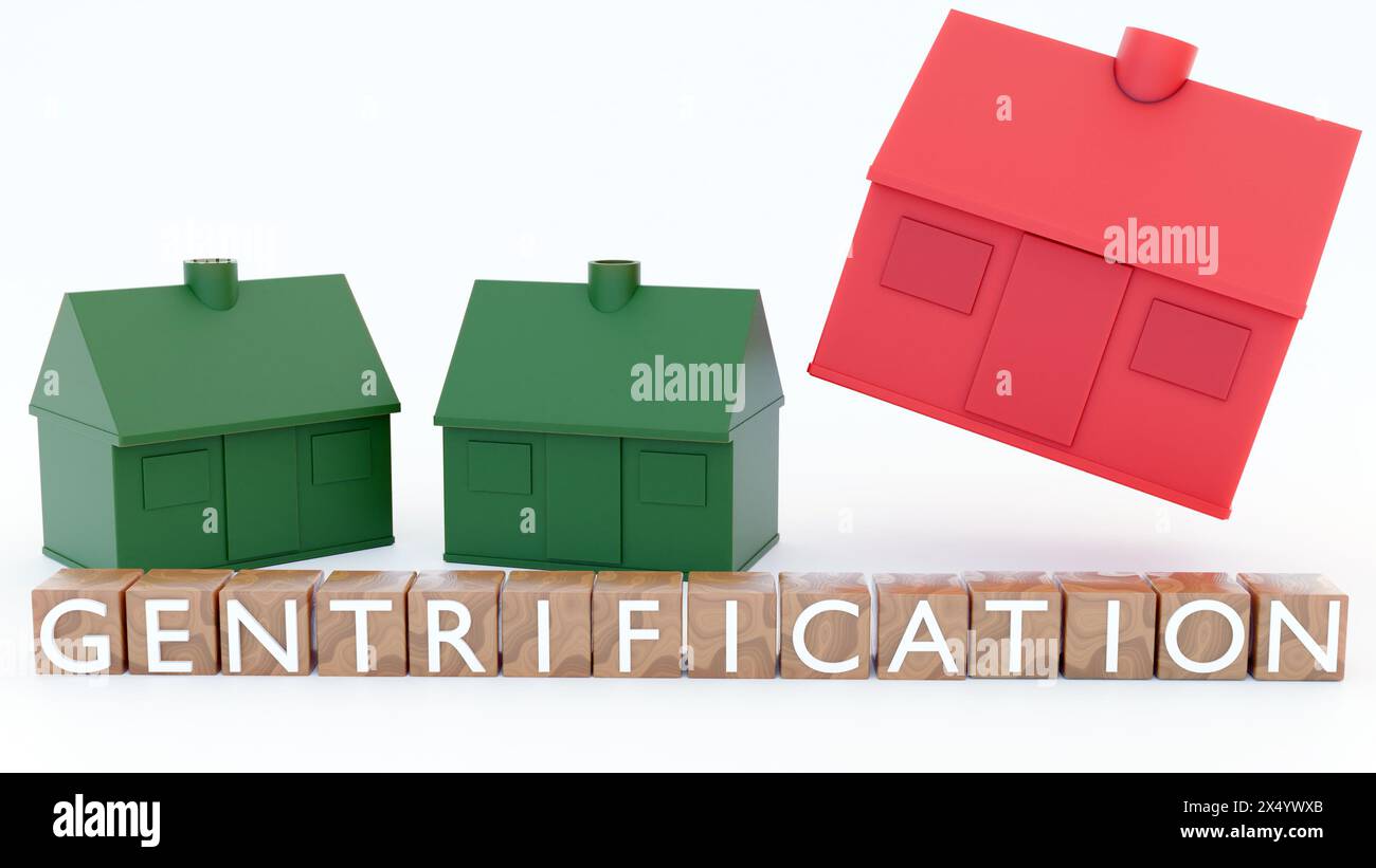 3D-Darstellung eines Holzblocks mit dem Wort „Gentrifizierung“ in Großbuchstaben mit grünen und roten Spielzeughäusern Stockfoto