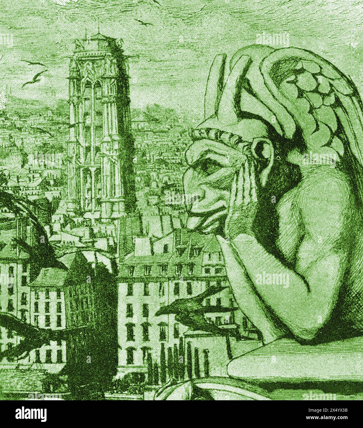 Ein alter Gravur, der Le Stryge, den Vampir, groteske Chimera-Figur (manchmal auch als Gargoyle, Teufel oder Dämon bezeichnet) in der Kathedrale Notre Dame in Paris, Frankreich zeigt. Geschaffen von Eugène Emmanuel Viollet-le-Duc, der für die Restaurierung der Kathedrale von 1843 bis 64 verantwortlich war. Der Hüter der Kathedrale wurde mit einem langweiligen Ausdruck geschnitzt. - Gravure ancienne représentant Le Stryge, le Vampire, Figur chimérique grotesque (parfois appelée gargouille, diable ou démon) sur la cathédrale Notre-Dame, Paris, Frankreich. Créée en 1843-64 par Eugène Emmanuel Viollet-le-Duc. Le cathédrale gardien Stockfoto