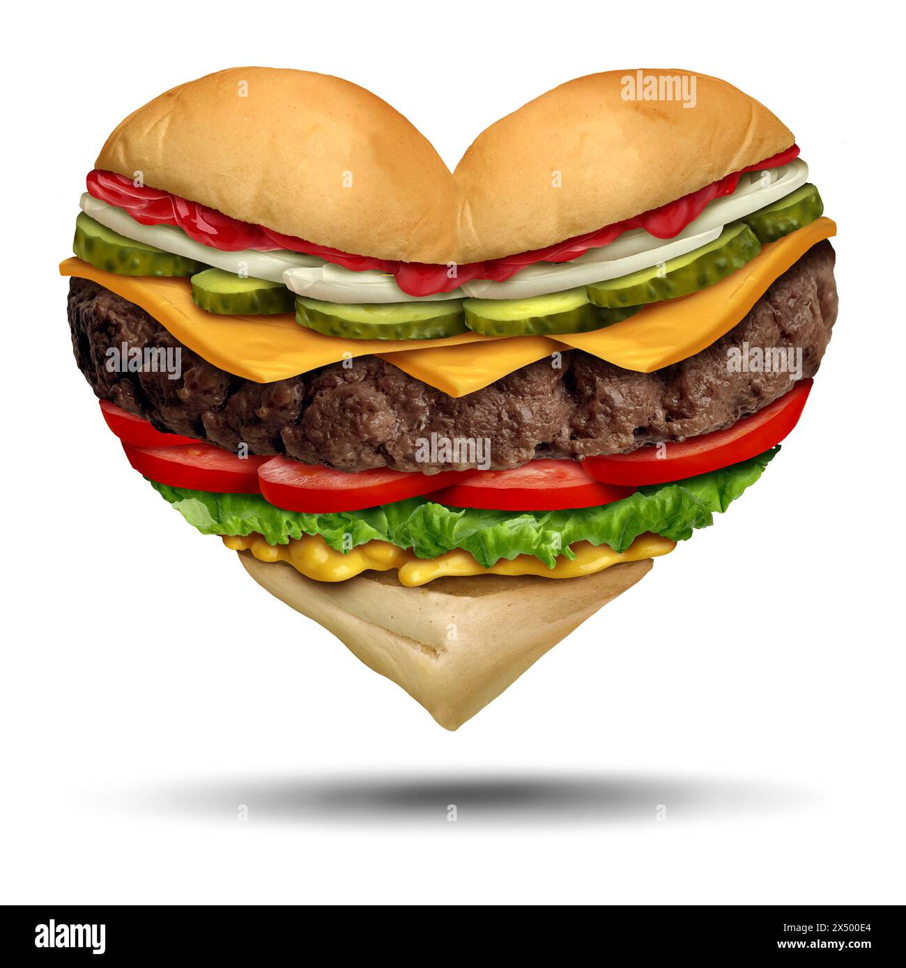 Food Love als Foodie-Symbol für das Vergnügen, als Hamburger oder klassischer Burger-Liebhaber zu essen und ein Herz als Symbol für Geschmack und gute Re zu repräsentieren Stockfoto