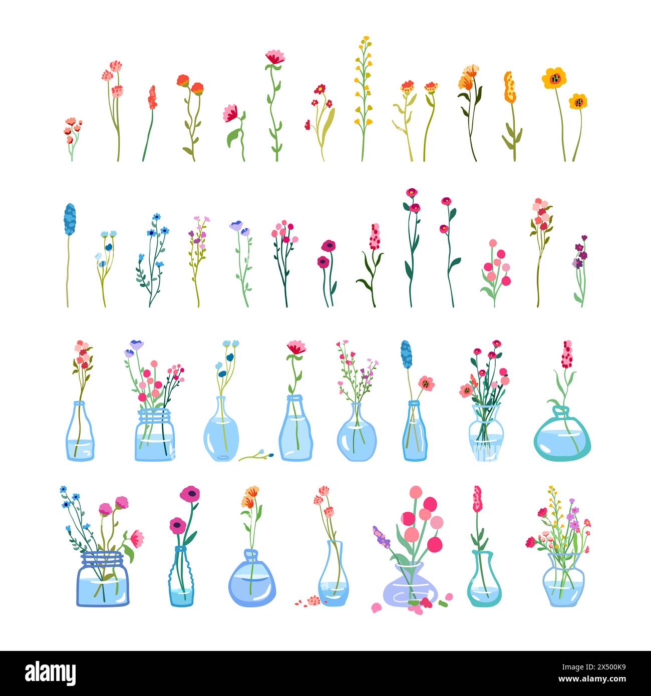 Großer Satz von zarten anmutigen Wildblumen Glasvase hohe Stiele Laub einfache florale Elemente Wilde Pflanzen isolierter weißer Hintergrund flache Vektor-Illustration niedlich Stock Vektor
