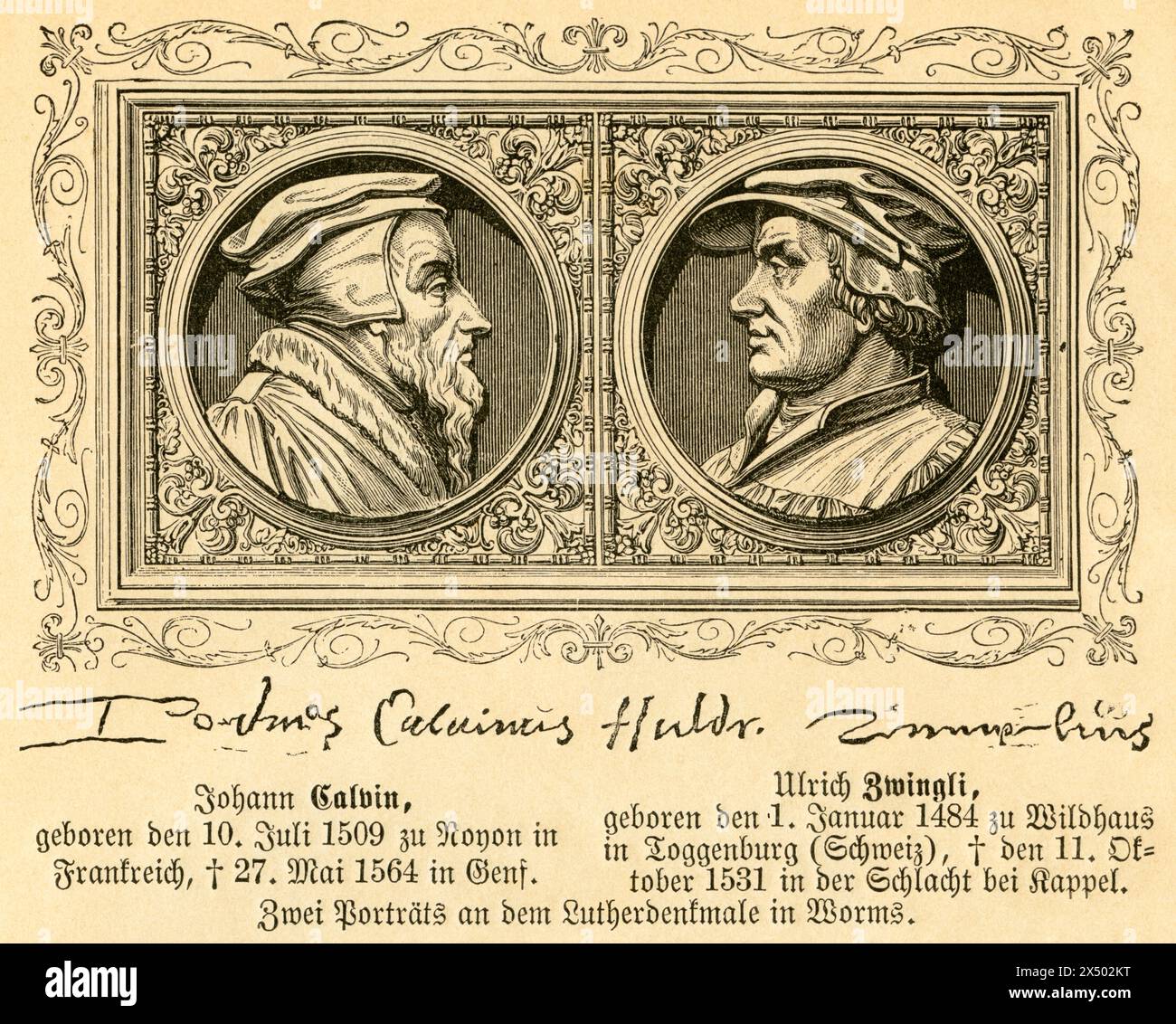 Johann Calvin und Ulrich Zwingli, Theologe, DÜRFEN das URHEBERRECHT DES KÜNSTLERS NICHT FREIGEBEN Stockfoto
