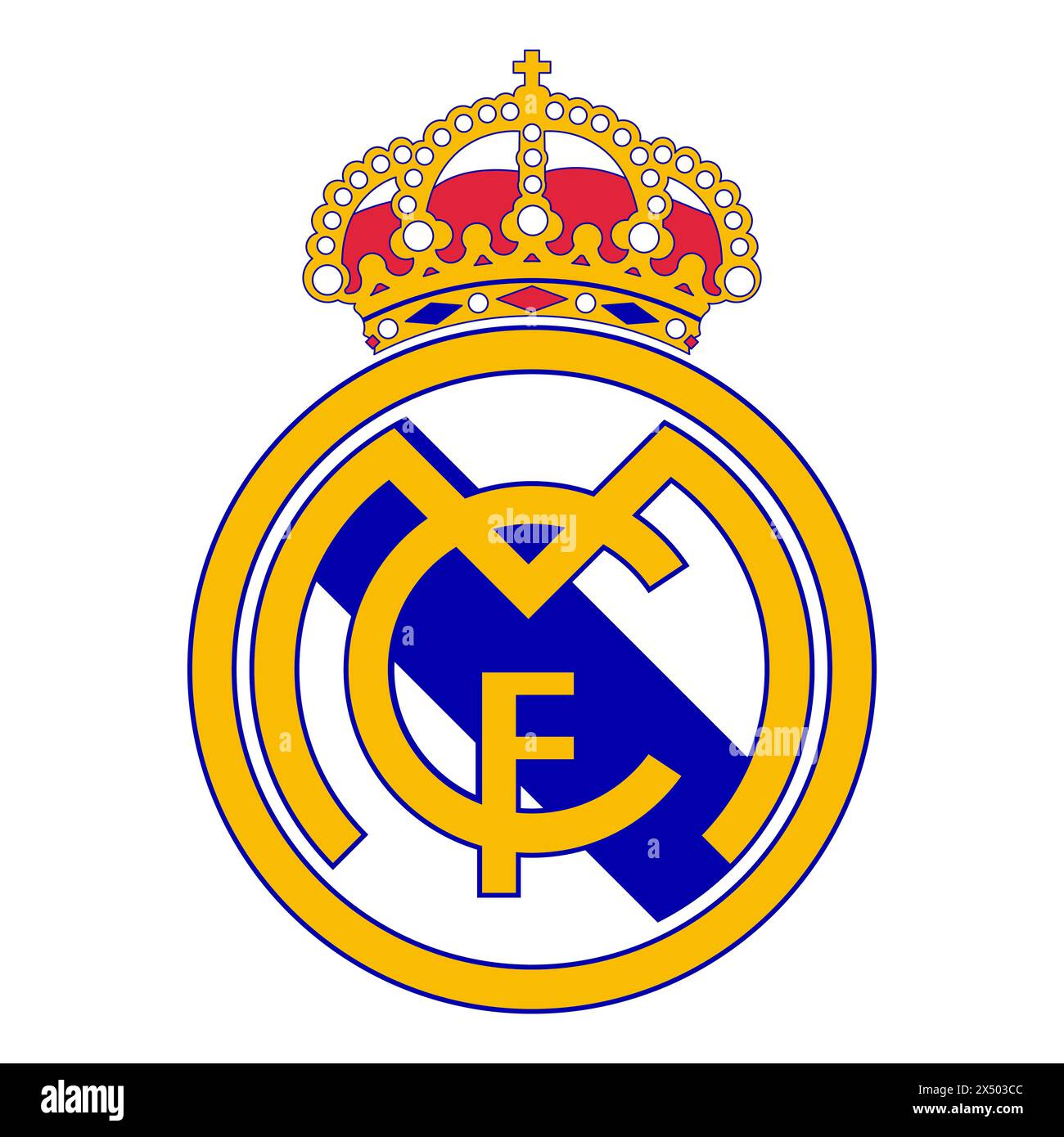 Real Madrid FC Emblem auf lebendigem Hintergrund. Legendärer Fußballverein, spanisches Erbe, legendäre weiße Farbe. Editorial Stock Vektor
