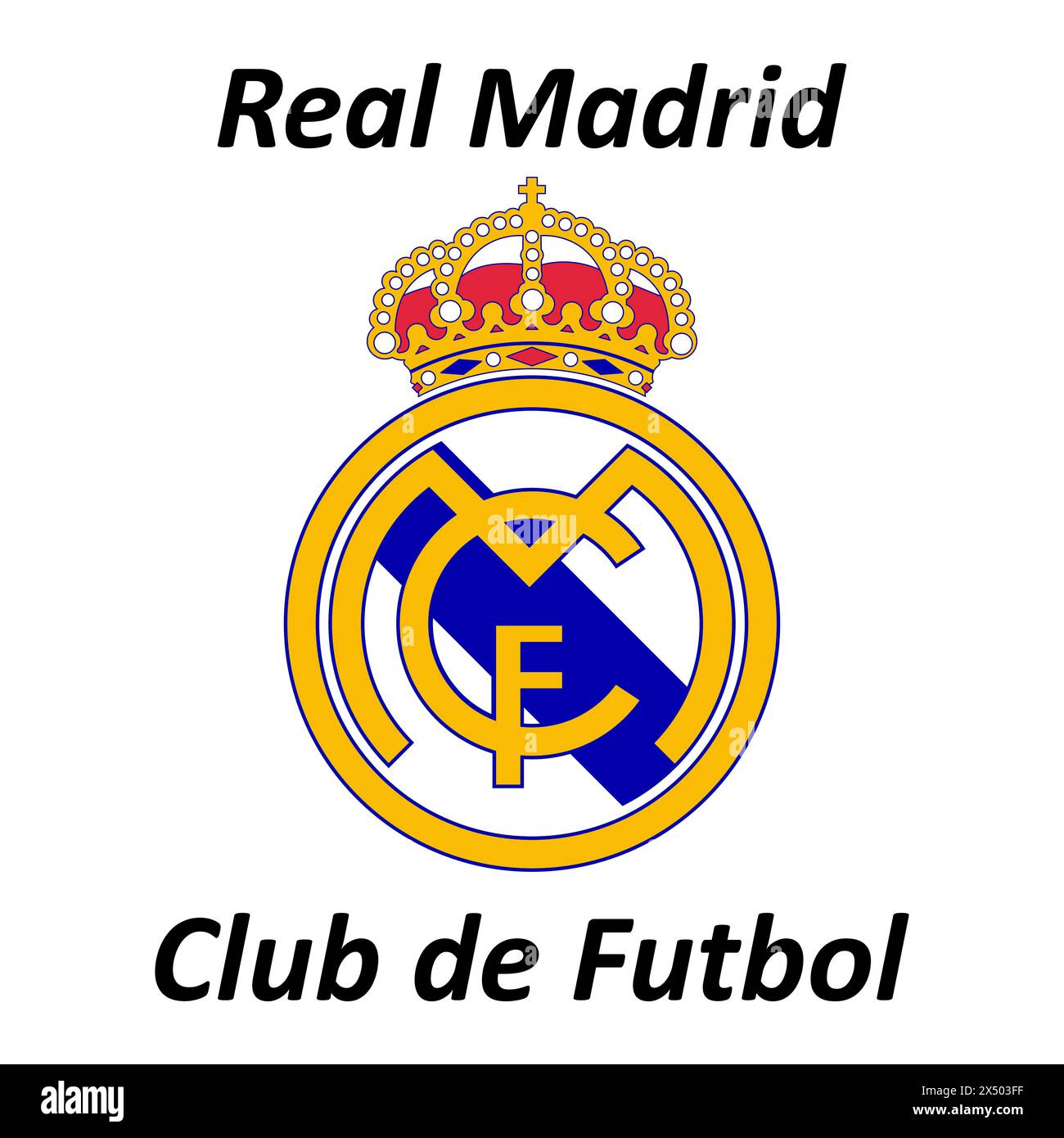 Real Madrid FC Emblem auf lebendigem Hintergrund. Legendärer Fußballverein, spanisches Erbe, legendäre weiße Farbe. Editorial Stock Vektor