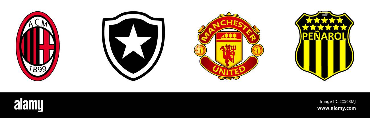 Embleme der Fußballgiganten FC Mailand, Botafogo, Manchester United, Penarol. FC-Logo. Logo des Fußballvereins. Editorial Stock Vektor