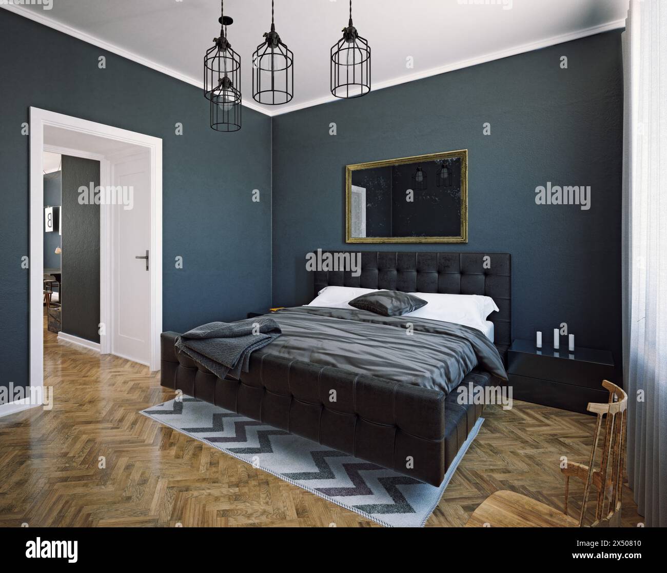 Moderne Einrichtung im dunklen Stil des Schlafzimmers. 3D-Rendering-Raum-Konzept Stockfoto