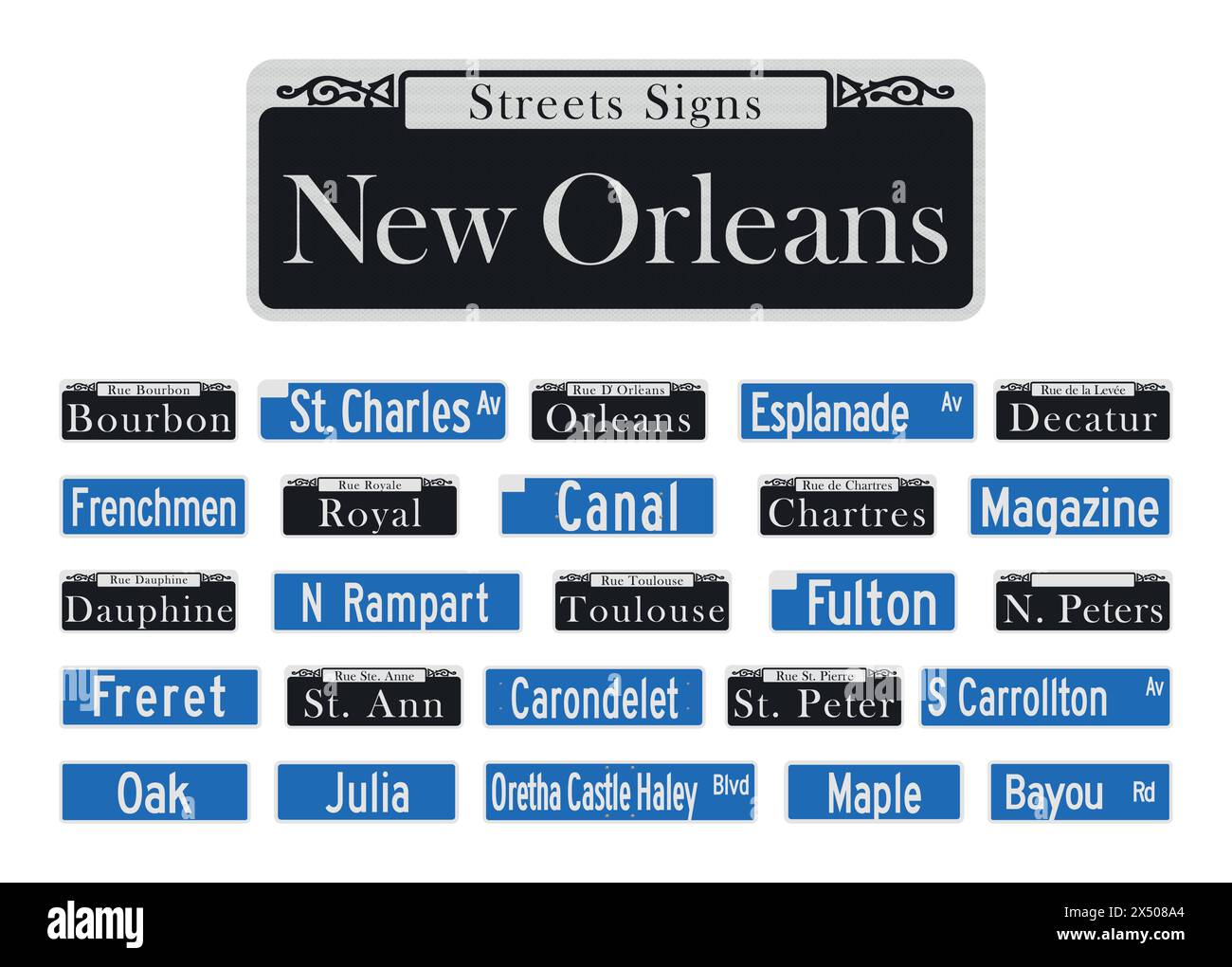 New Orleans Famous Streets Signs Kollektion in Vektor Stock Vektor
