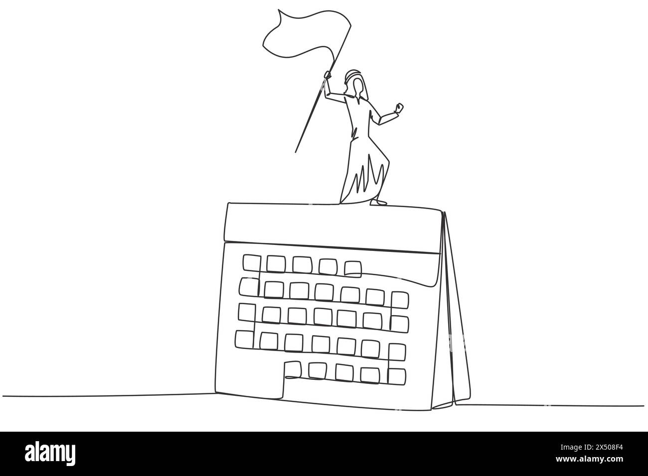 Eine einzige Zeilenzeichnung eines arabischen Geschäftsmannes, der auf einem großen Schreibtischkalender steht und die Flagge hisst. Der Beginn kleiner Schritte in einem geplanten Geschäftsmuster ist entscheidend Stock Vektor