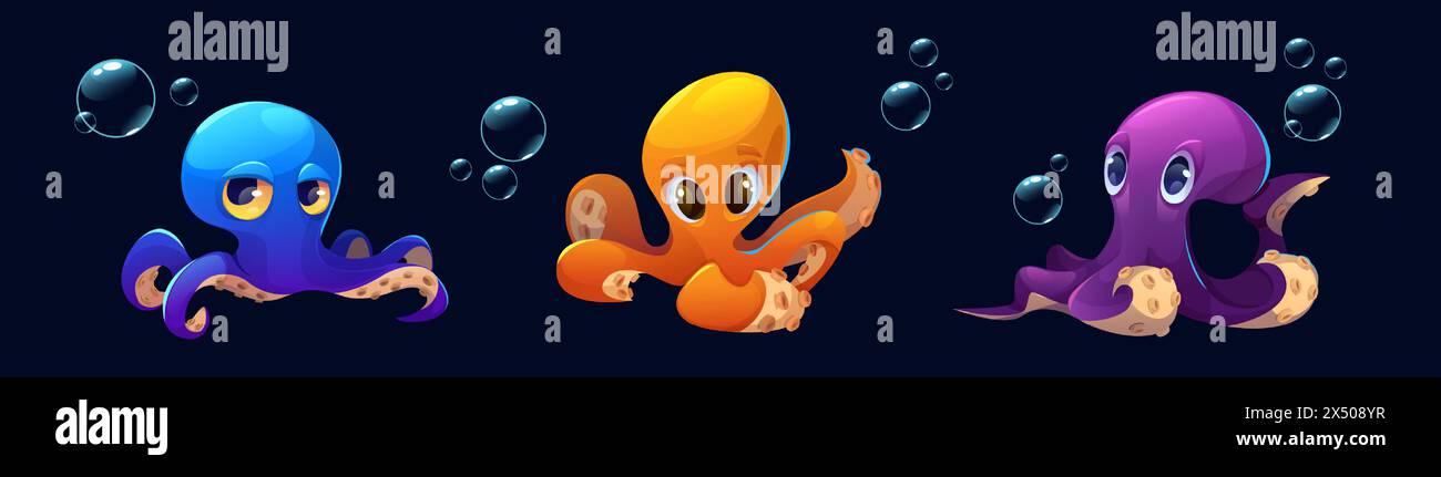 Niedlicher Kraken-Charakter. Sea Baby Tintenfisch Cartoon. Lustiges Tier mit Tentakelzeichnung Clipart. Unterwasser-Kraken-Monster in Blau und Orange. Wirbellose Tiere freundliche Ozean Kreatur Spiel-Sammlung Stock Vektor