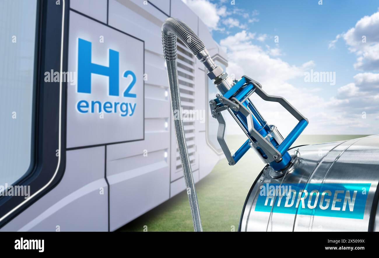 Konzept eines futuristischen modularen Hauses mit grüner Wasserstoffenergie Stockfoto