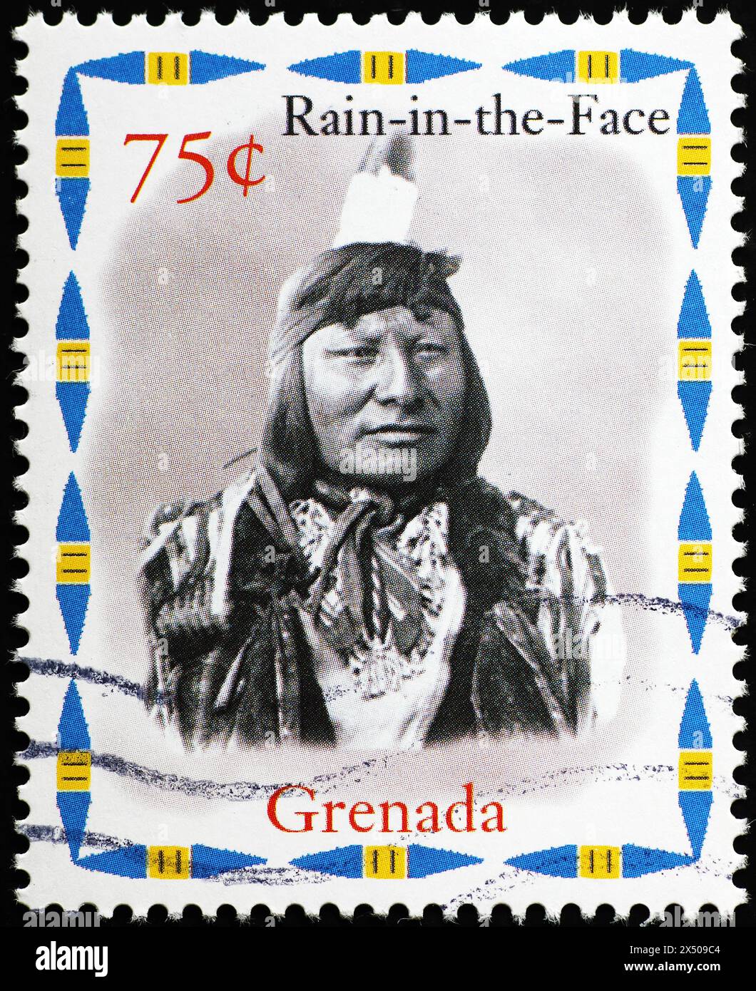 Indischer Häuptling Rain-in-the-face auf Briefmarke aus Grenada Stockfoto