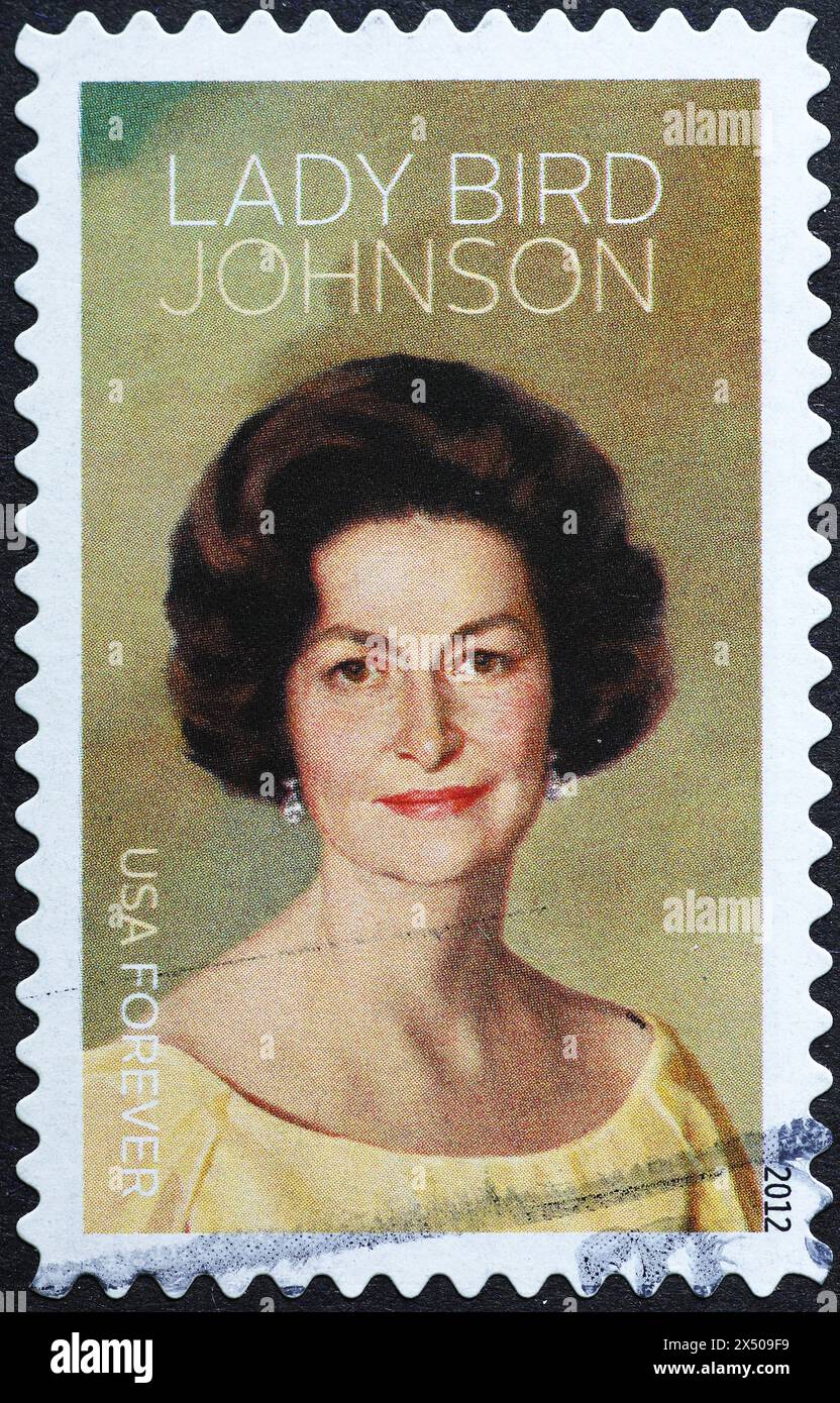 Lady Bird Johnson Porträt auf amerikanischer Briefmarke Stockfoto