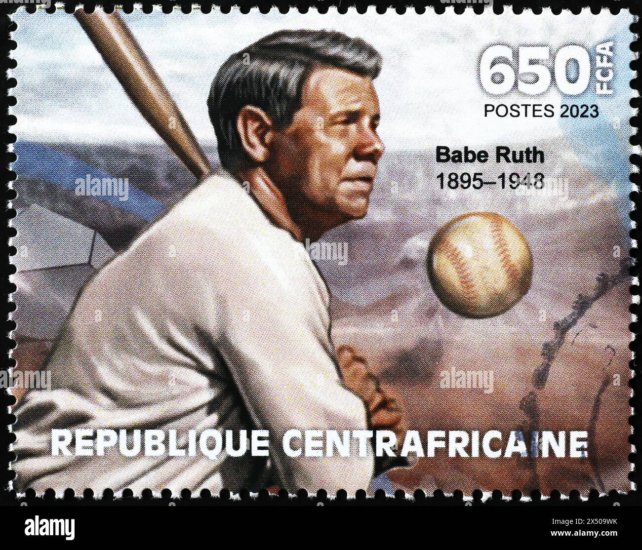 Babe Ruth und Baseball auf afrikanischem Stempel Stockfoto